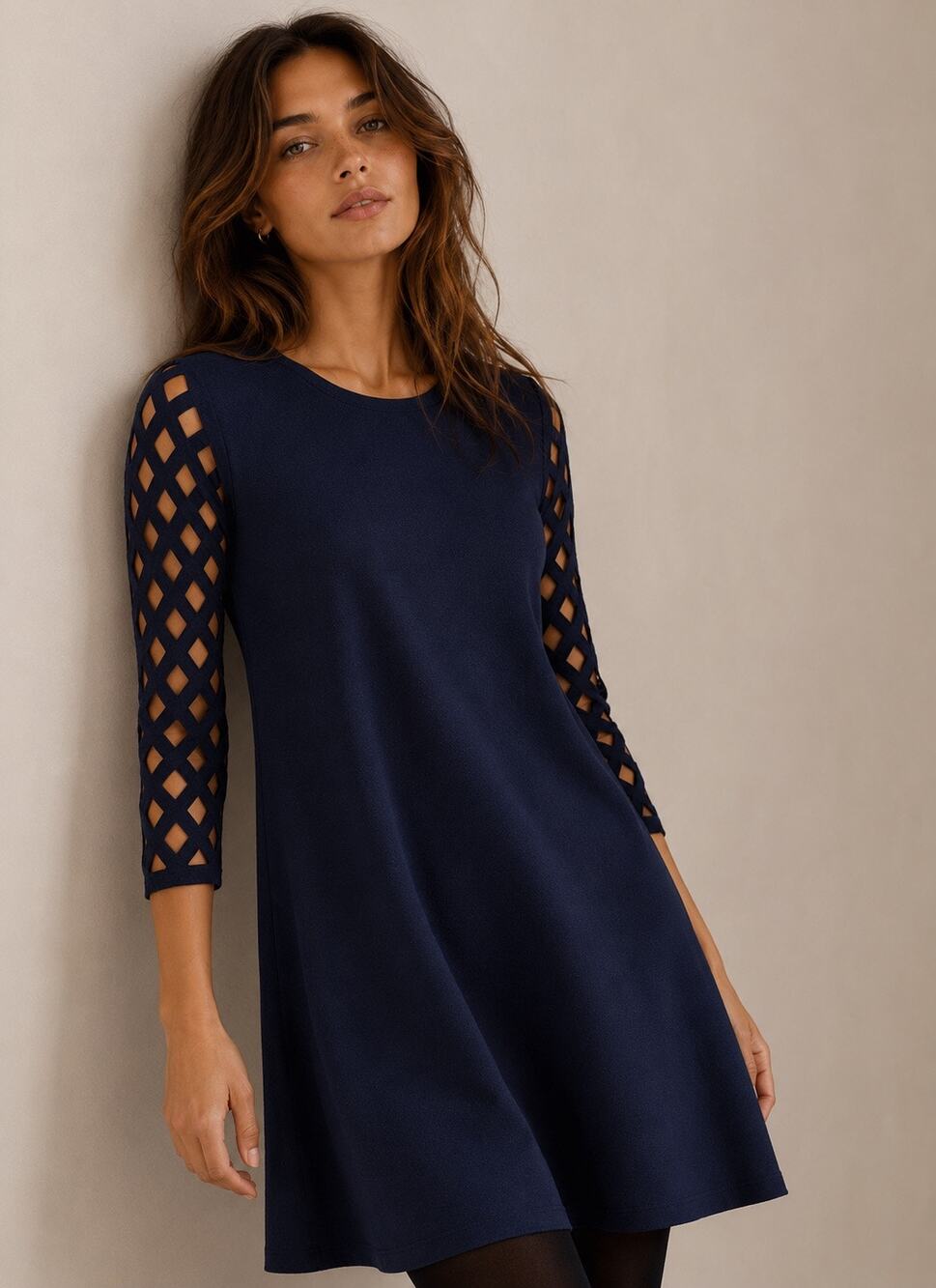 Karen Millen Navy Blue A Line Dress Open Knit Sleeve Size S Office Minimalist